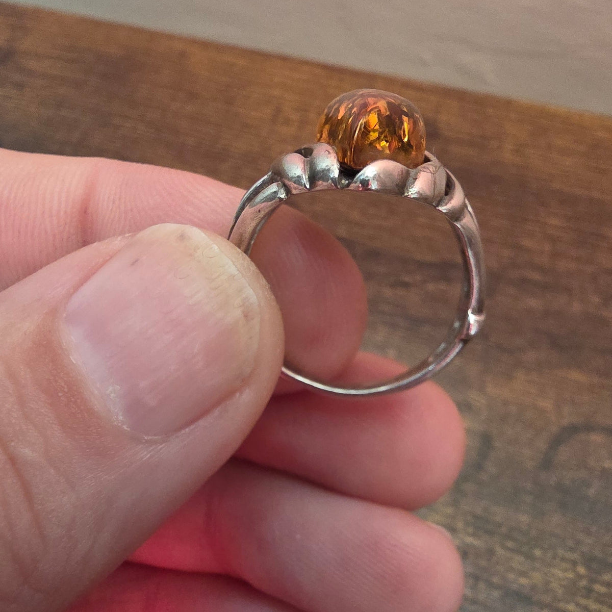 Vintage Silver Marquise Baltic Cognac Amber Ring – Size S