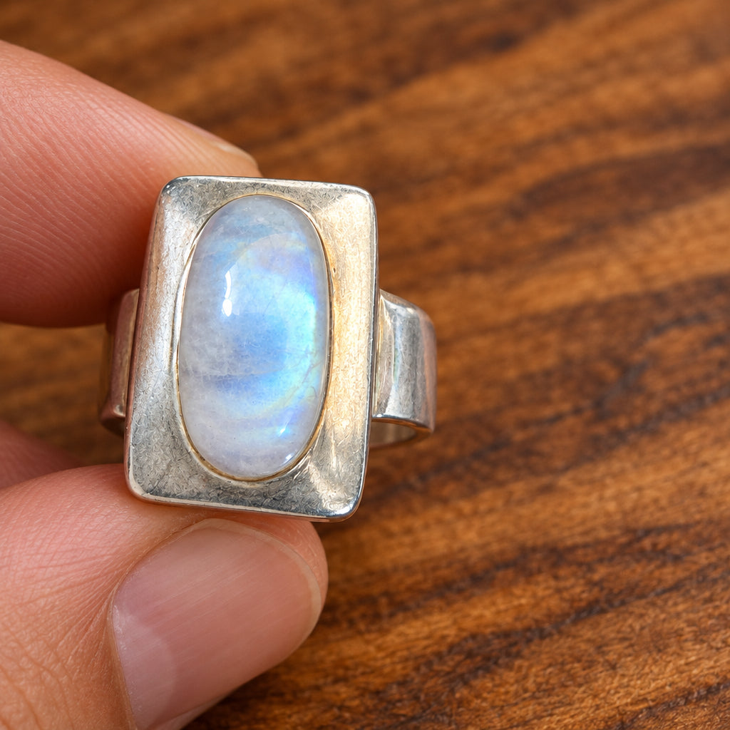 Moonstone Cabochon 925 Silver Ring, Size L