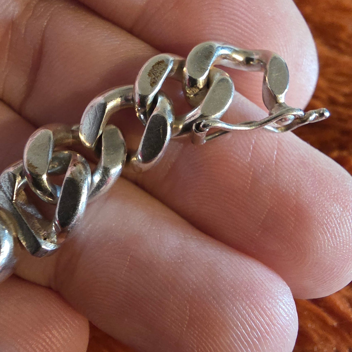 Silver Curb-Link Bracelet with Dark Oval Cabochons, 8 Inches