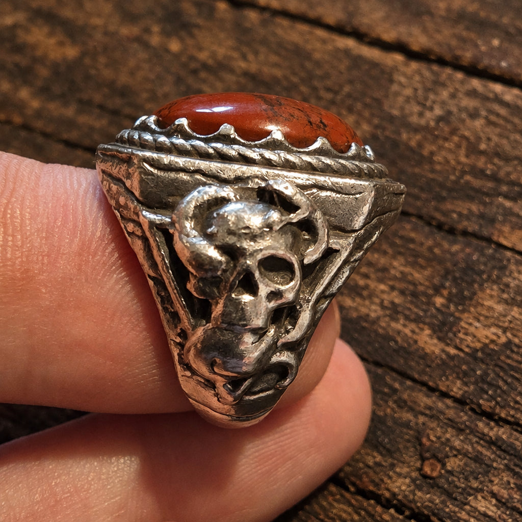Sterling Silver Skull & Red Jasper Biker Ring – Size R½