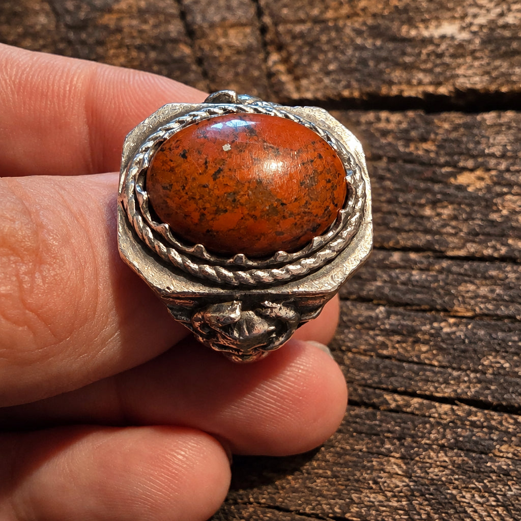 Sterling Silver Skull & Red Jasper Biker Ring – Size R½