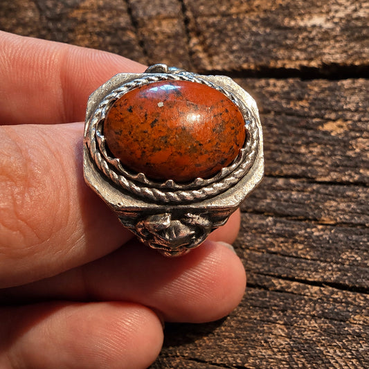 Sterling Silver Skull & Red Jasper Biker Ring – Size R½