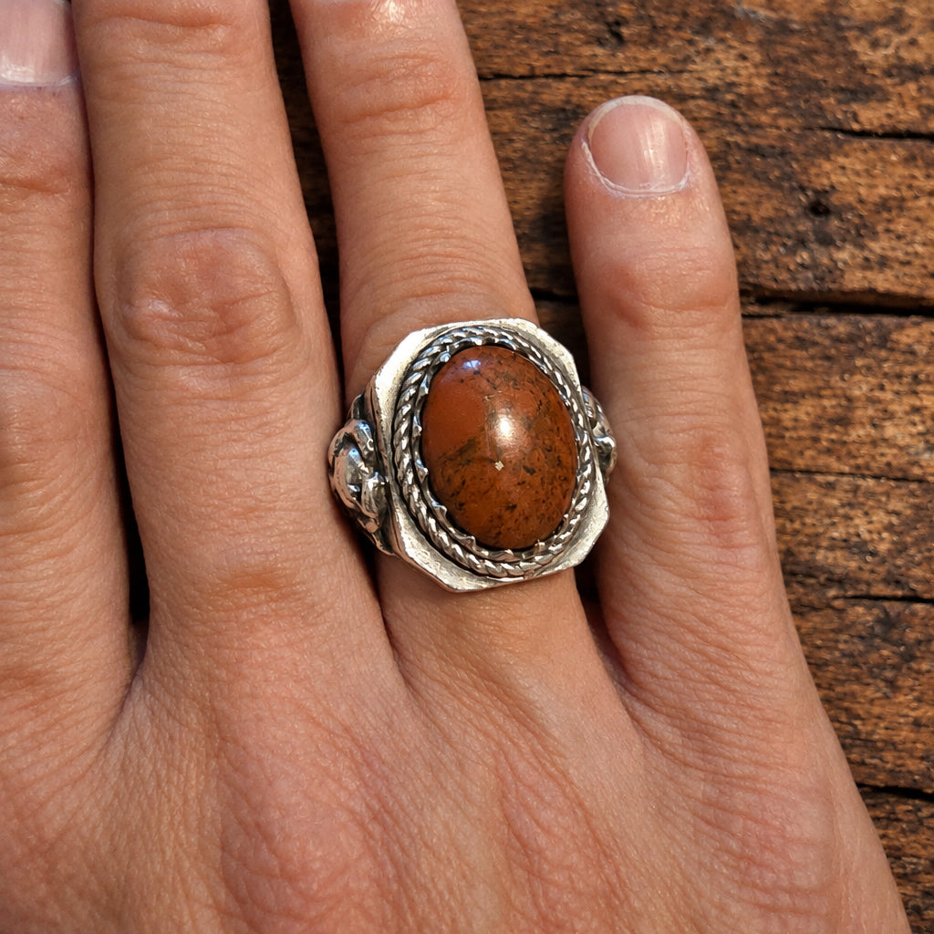 Sterling Silver Skull & Red Jasper Biker Ring – Size R½
