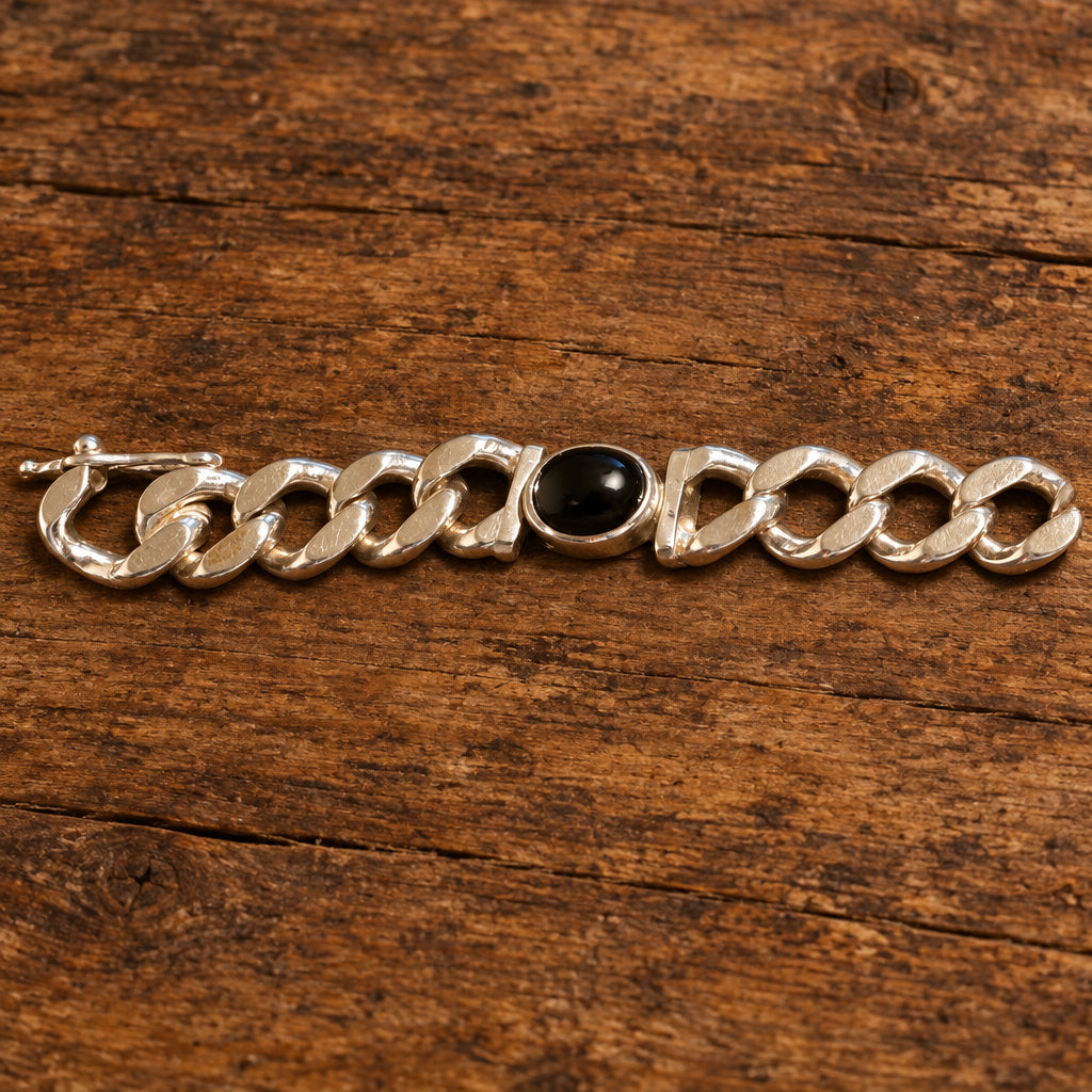 Silver Curb-Link Bracelet with Dark Oval Cabochons, 8 Inches