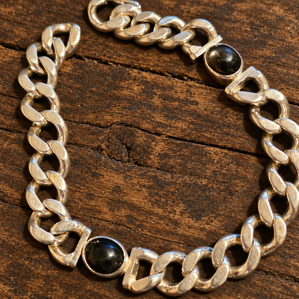 Silver Curb-Link Bracelet with Dark Oval Cabochons, 8 Inches