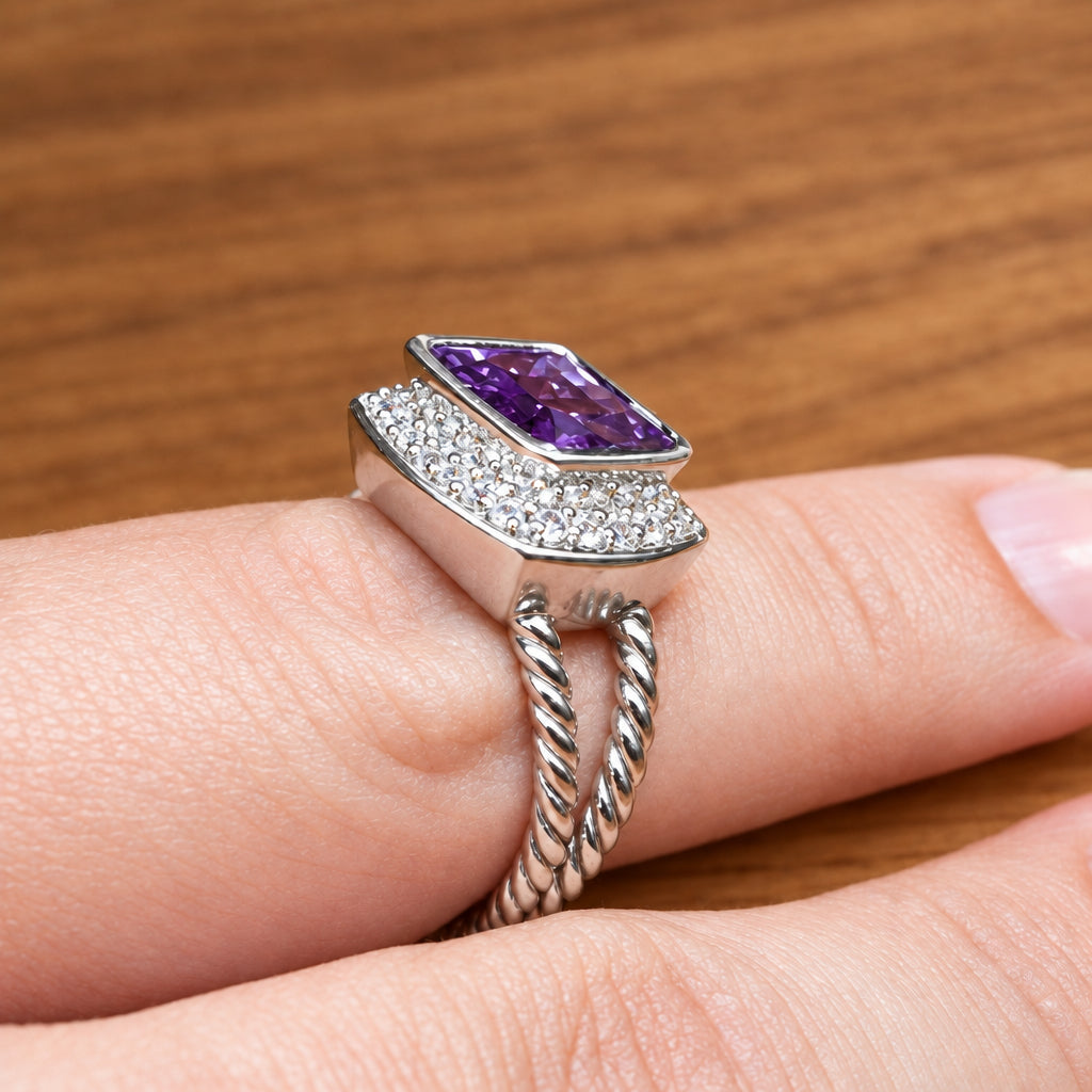 925 Silver Amethyst & Clear Quartz Ring – Size N