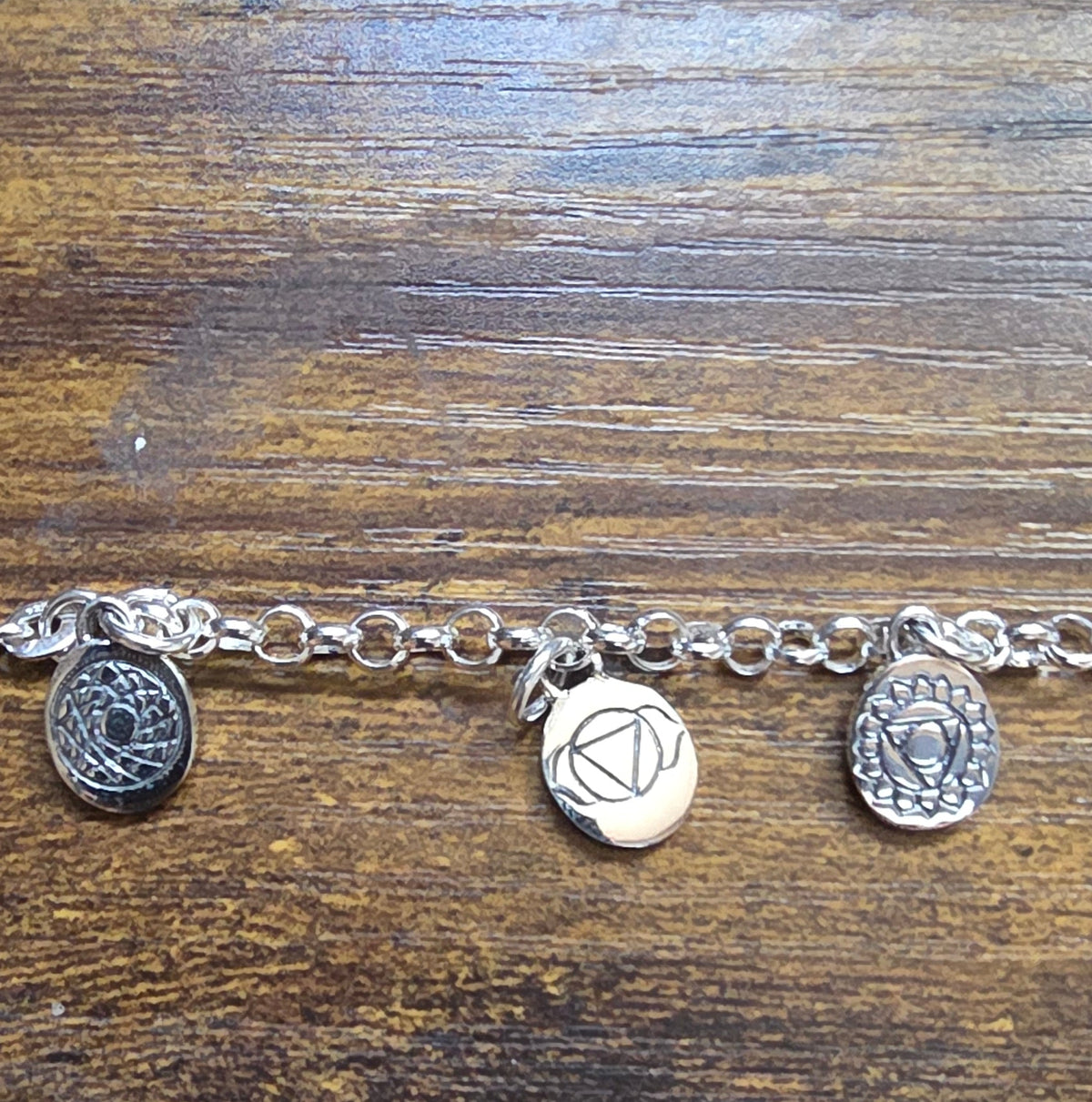925 Silver Seven-Symbol Chakra Charm Bracelet – 7.5 Inches