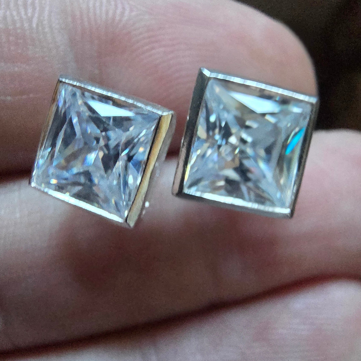 Square Silver Clear Stone Stud Earrings