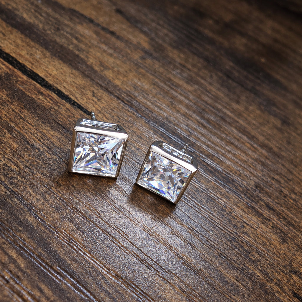 Square Silver Clear Stone Stud Earrings