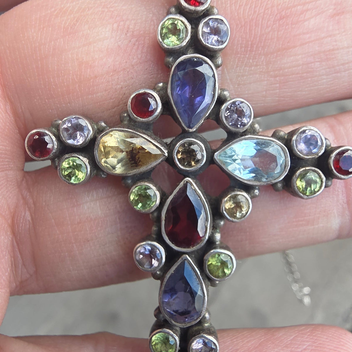 Vintage Multi-Stone Silver Cross Necklace with Figaro Chain