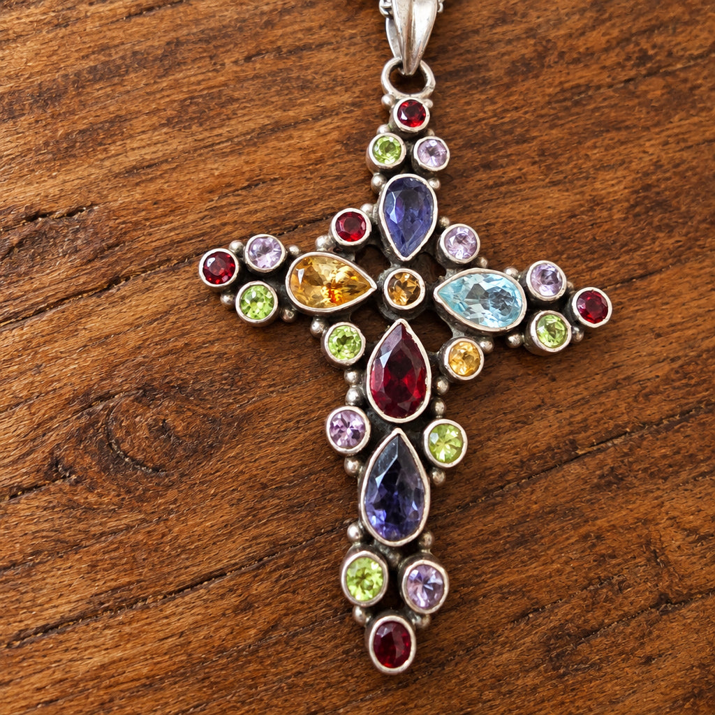 Vintage Multi-Stone Silver Cross Necklace with Figaro Chain