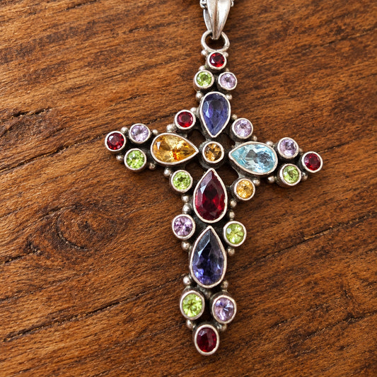 Vintage Multi-Stone Silver Cross Necklace with Figaro Chain