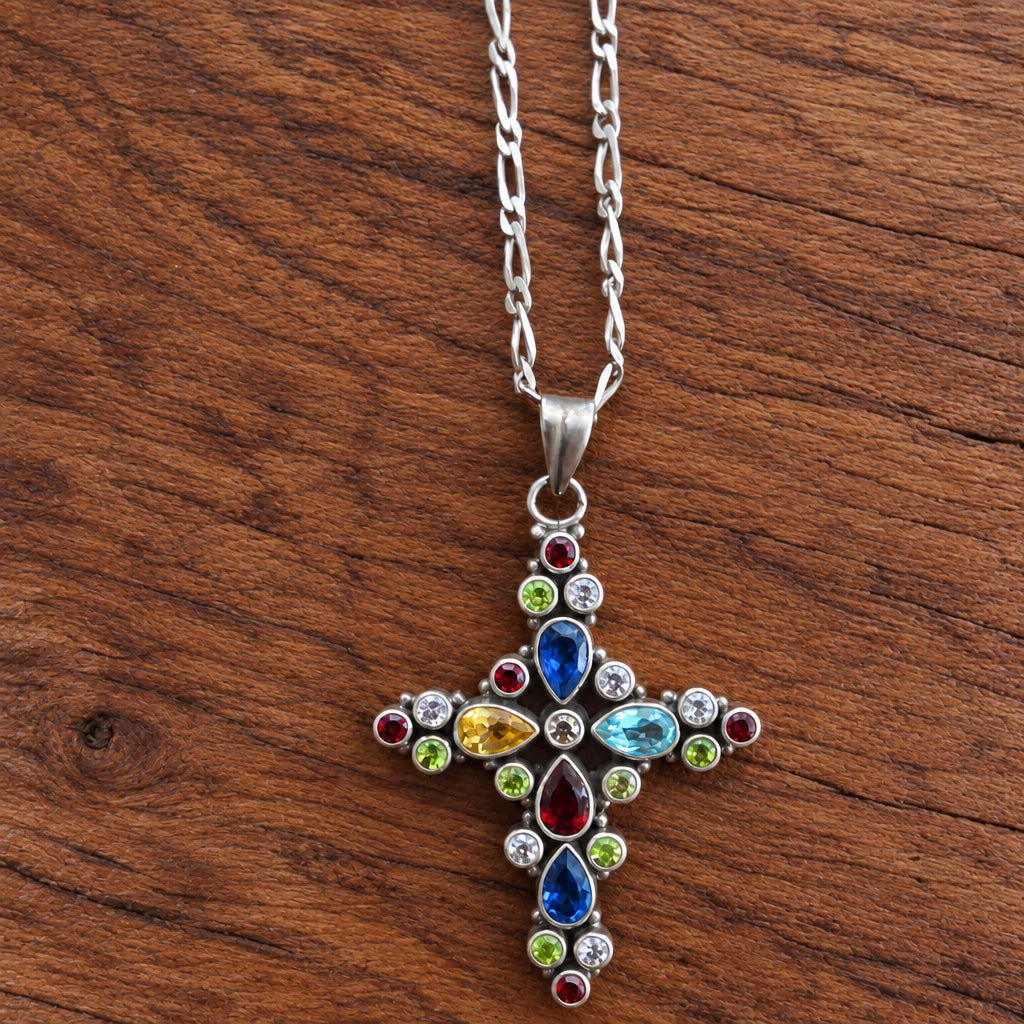 Vintage Multi-Stone Silver Cross Necklace with Figaro Chain