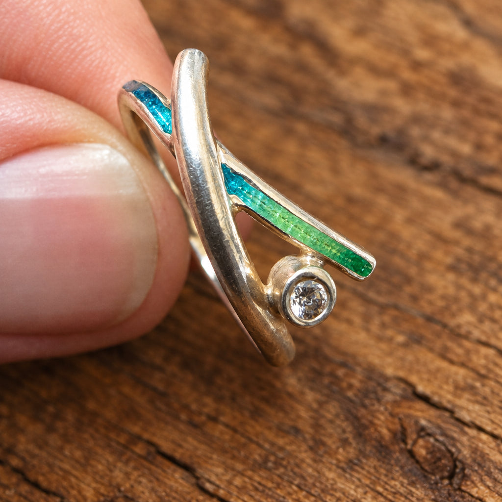 Enamel and Silver Ring with Zirconia Crystal, Size L