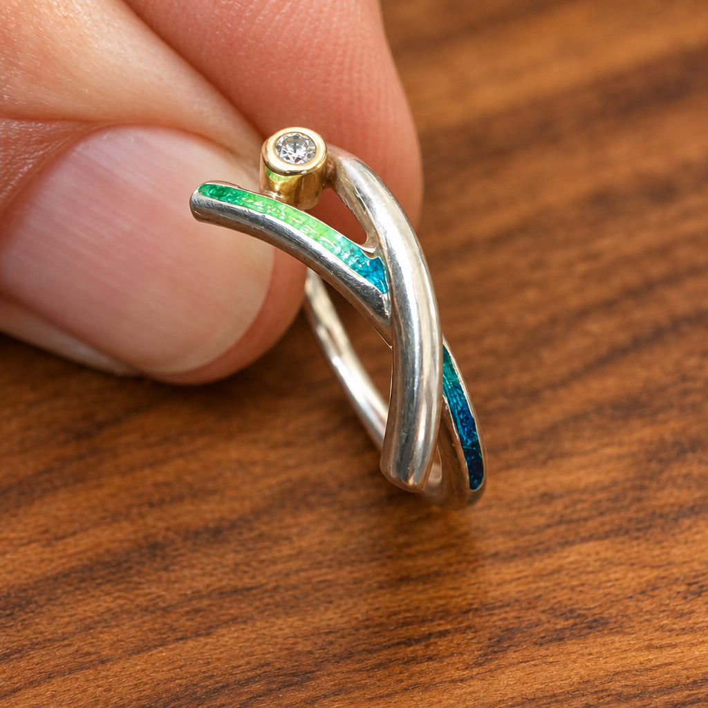 Enamel and Silver Ring with Zirconia Crystal, Size L