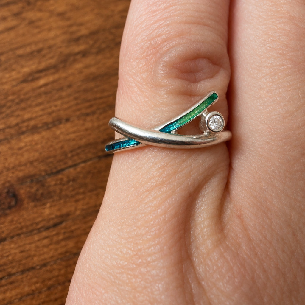 Enamel and Silver Ring with Zirconia Crystal, Size L
