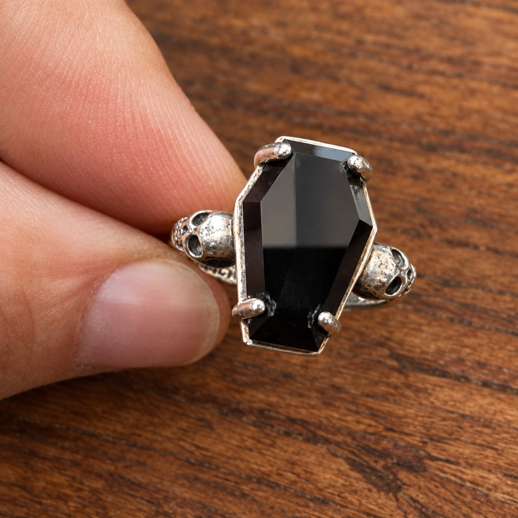 925 Silver Black Stone Coffin Ring – Size R