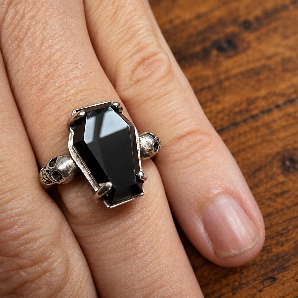 925 Silver Black Stone Coffin Ring – Size R