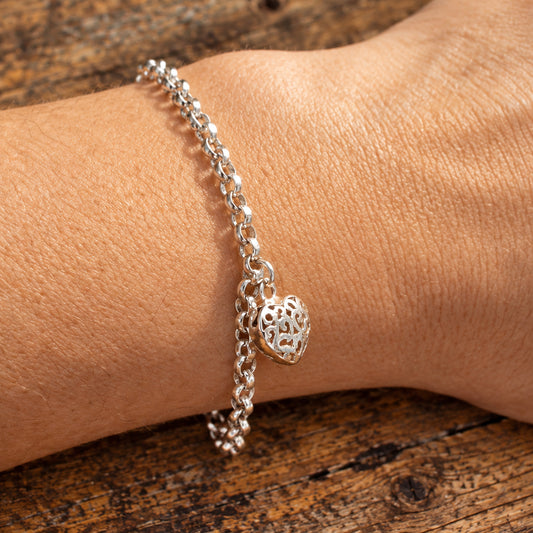 Belcher Chain Bracelet with Filigree Heart Charm, 7.5 Inches