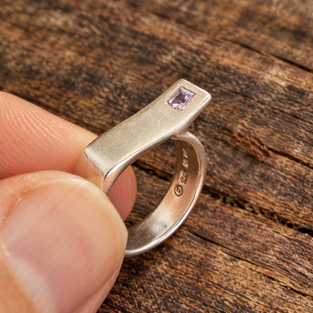 Modernist Sterling Silver Ring with Square Purple Stone, Size M