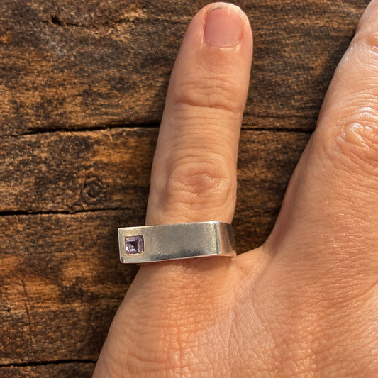 Modernist Sterling Silver Ring with Square Purple Stone, Size M