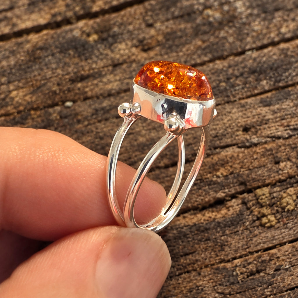 Natural Baltic Amber & Sterling Silver Ring, Size P½