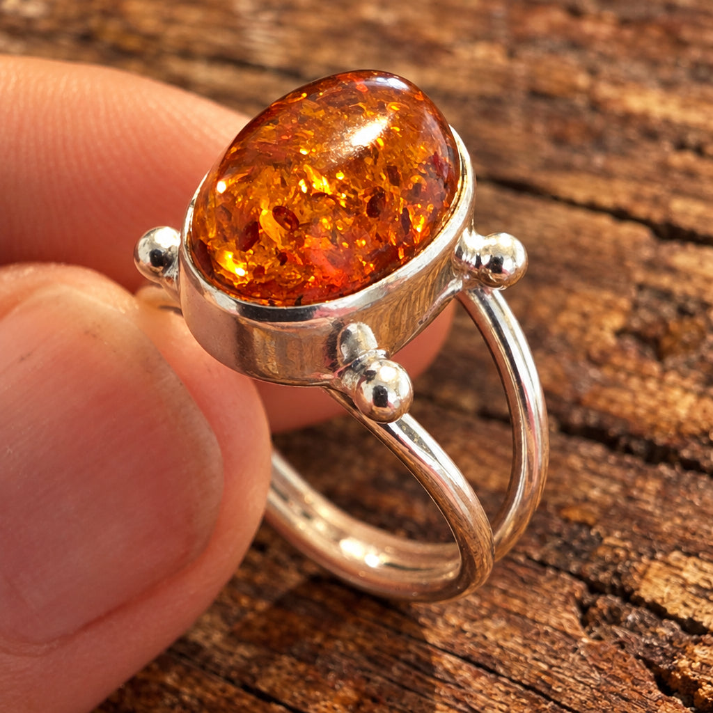 Natural Baltic Amber & Sterling Silver Ring, Size P½