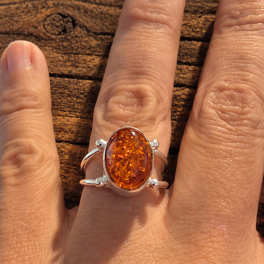 Natural Baltic Amber & Sterling Silver Ring, Size P½
