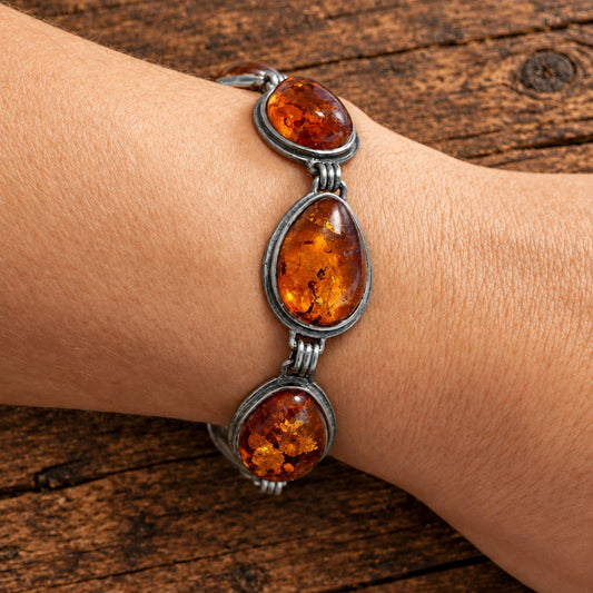 Cognac Baltic Amber & Sterling Silver Teardrop Bracelet, 8 Inches