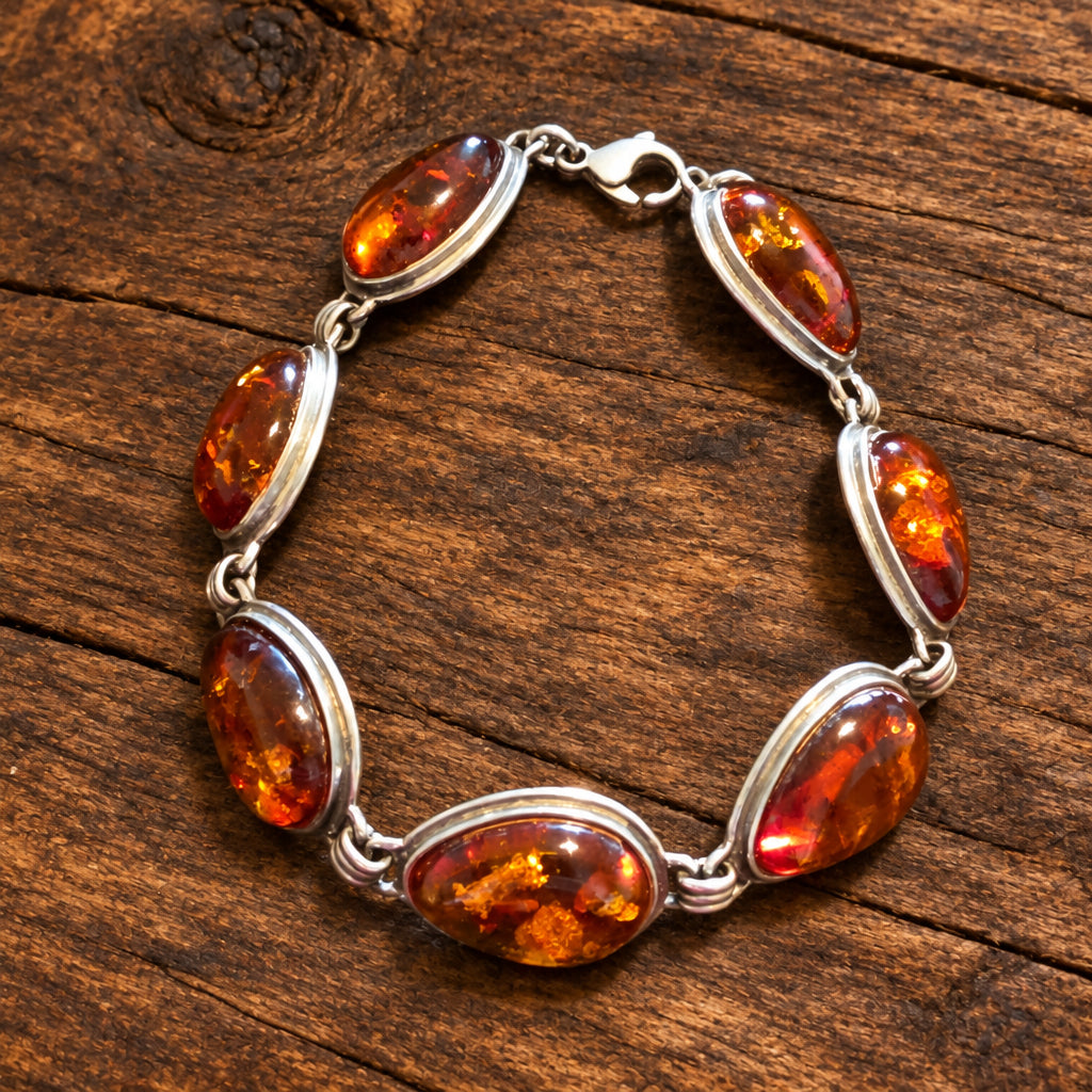Cognac Baltic Amber & Sterling Silver Teardrop Bracelet, 8 Inches