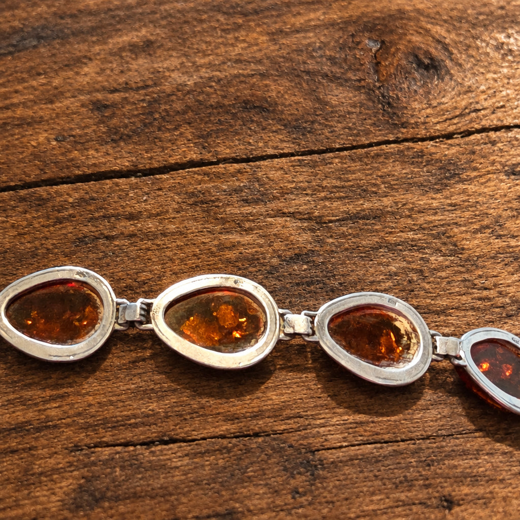 Cognac Baltic Amber & Sterling Silver Teardrop Bracelet, 8 Inches