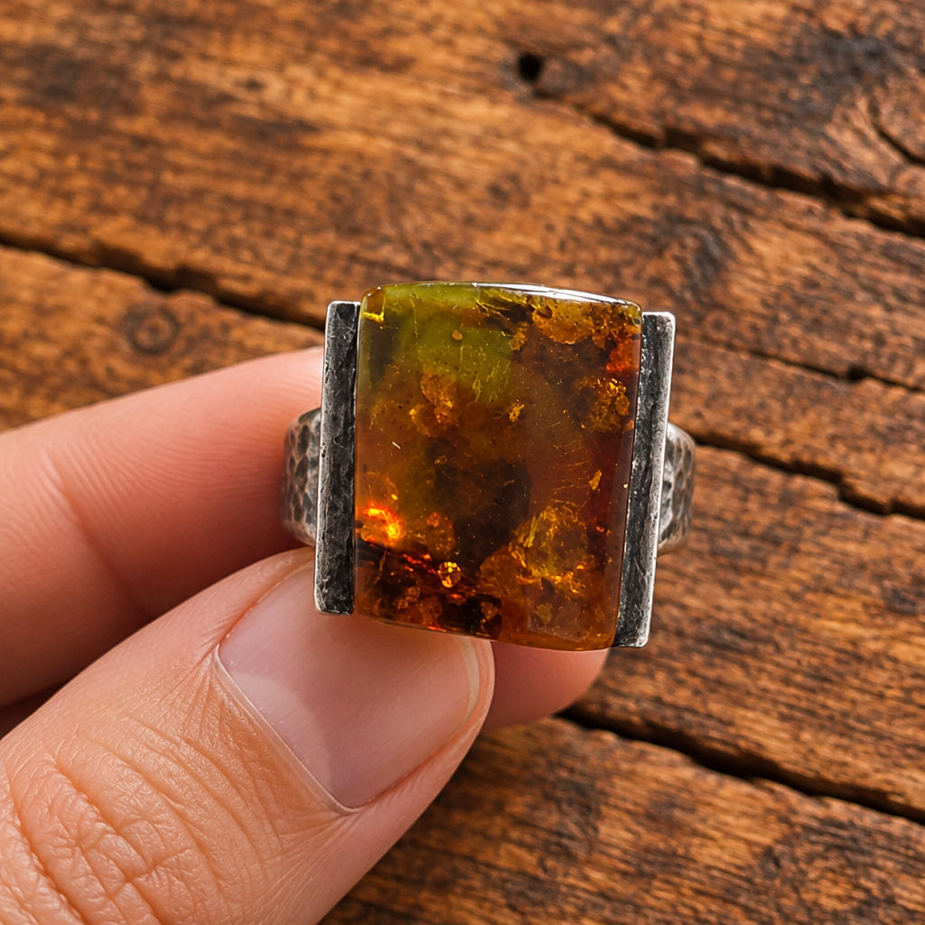 Vintage Polish Baltic Amber & Sterling Silver Ring, Adjustable Size T
