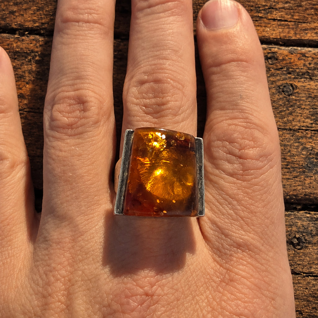 Vintage Polish Baltic Amber & Sterling Silver Ring, Adjustable Size T