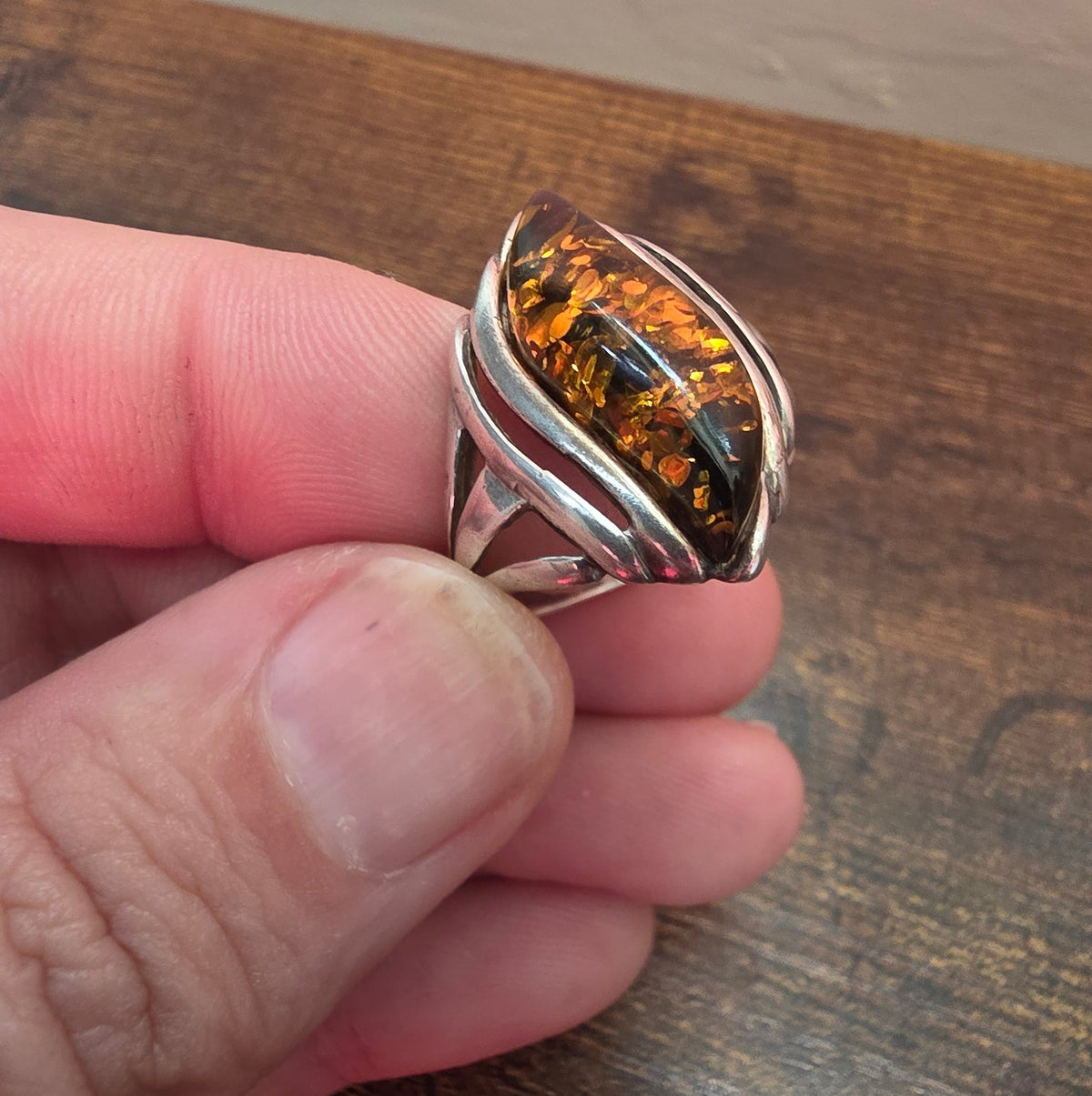 Vintage Silver Marquise Baltic Cognac Amber Ring – Size S