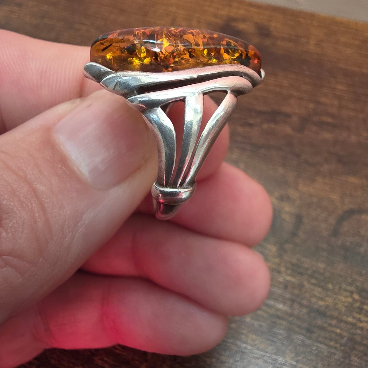 Vintage Silver Marquise Baltic Cognac Amber Ring – Size S