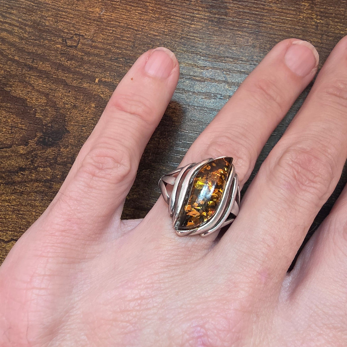 Vintage Silver Marquise Baltic Cognac Amber Ring – Size S