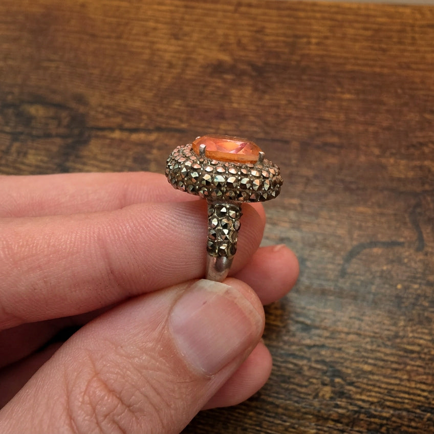 Art Deco Style Citrine Quartz & Marcasite Silver Ring – Size O