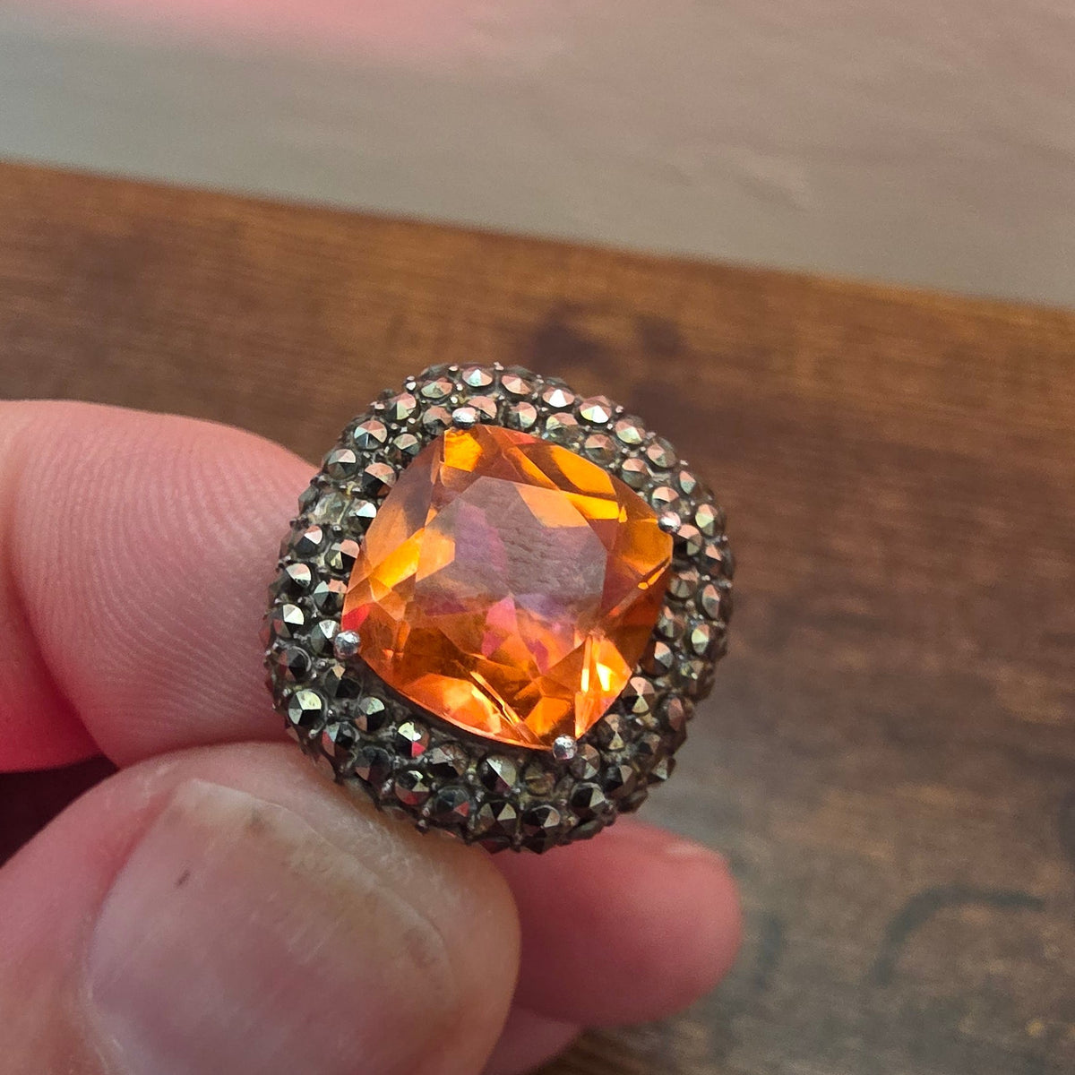 Art Deco Style Citrine Quartz & Marcasite Silver Ring – Size O