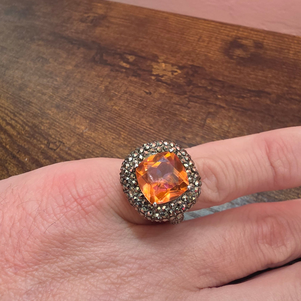 Art Deco Style Citrine Quartz & Marcasite Silver Ring – Size O