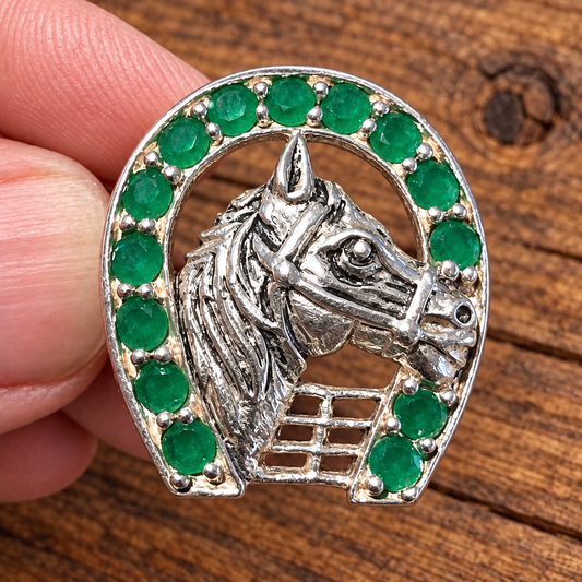 925 Silver Lucky Horseshoe & Horse Head Ring – Green Stones, Size P½