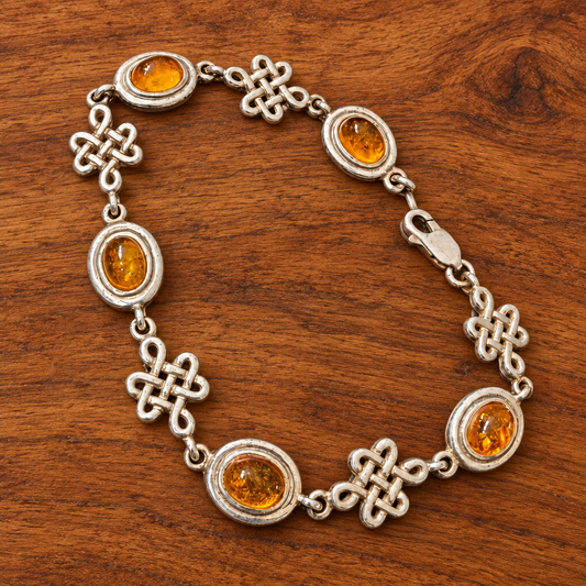 925 Sterling Silver Celtic-Style Amber Bracelet, 8 Inch