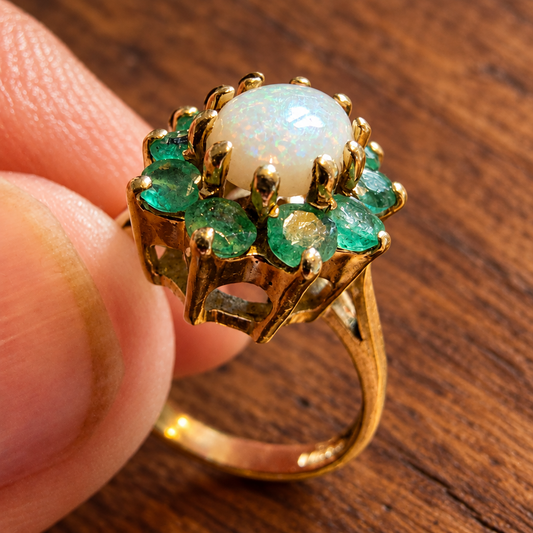 Vintage 1994 9ct Gold White Opal & Emerald Cluster Ring – Size L