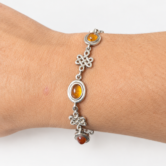 925 Sterling Silver Celtic-Style Amber Bracelet, 8 Inch