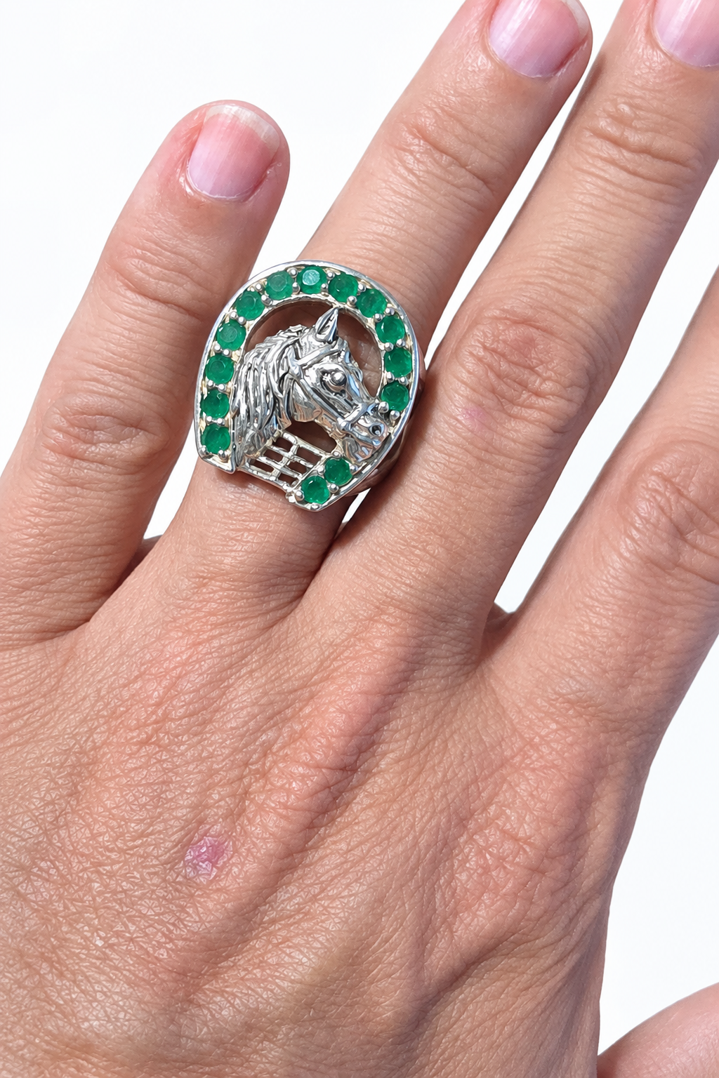 925 Silver Lucky Horseshoe & Horse Head Ring – Green Stones, Size P½