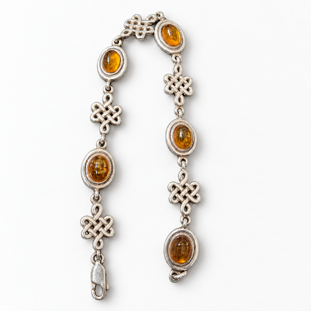 925 Sterling Silver Celtic-Style Amber Bracelet, 8 Inch