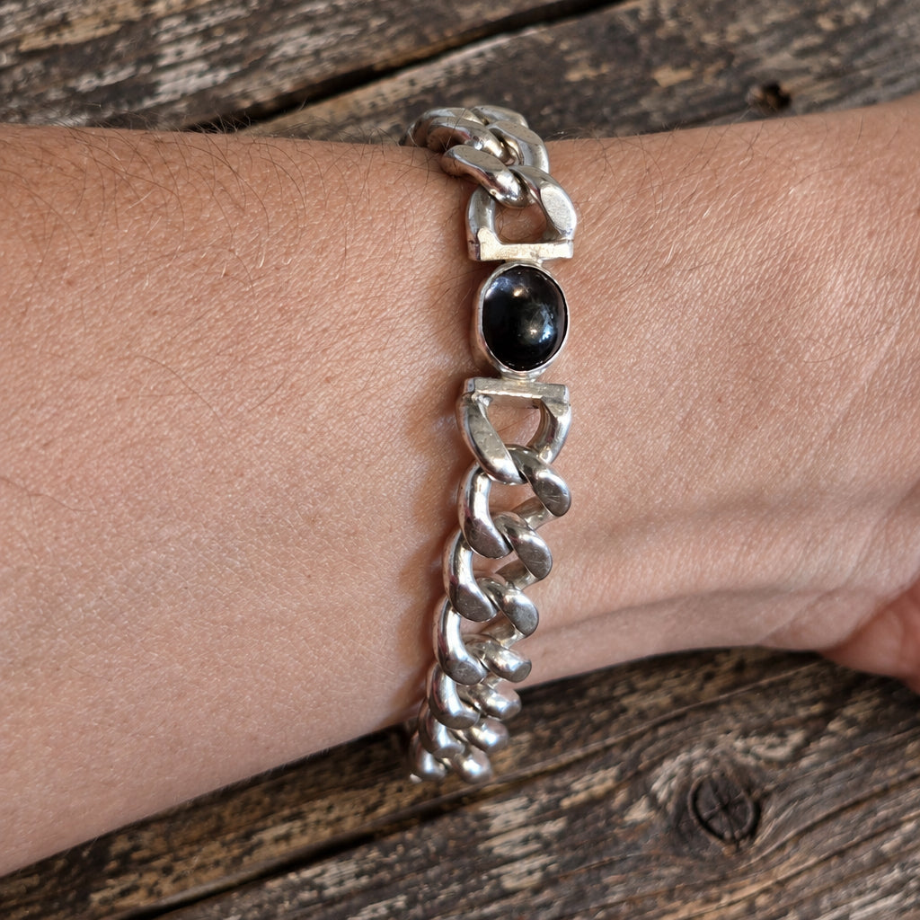 Silver Curb-Link Bracelet with Dark Oval Cabochons, 8 Inches