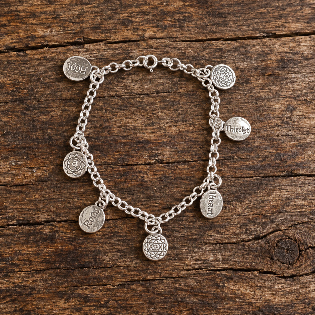 925 Silver Seven-Symbol Chakra Charm Bracelet – 7.5 Inches